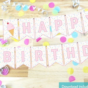 Ice Cream Banner Flags Printable! Icecream Happy Birthday Bunting with age flags for a ice cream themed party, instant download and print