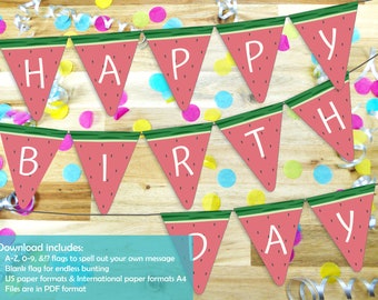 Watermelon Banner Flags Printable, Happy Birthday Fruit Bunting, Watermelon Themed Party, Instant Download