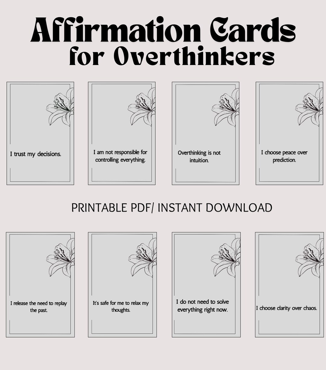 Overthinking Card Overthinker Affirmation Cards Printable, 40 Mindset Cards for Anxiety ...