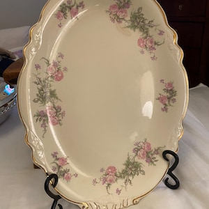 Homer Laughlin Sugar Bowl, Lid, Creamer & Platter, Virginia Rose Pat.  The 3 pieces are priced as a set. See description on condition.