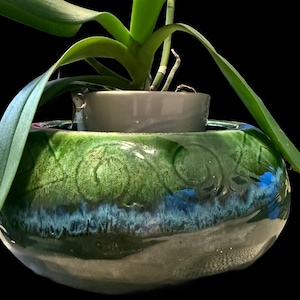 Könnte beinhalten: Ein grün-blau glasierter Keramik-Pflanztopf mit einer Pflanze. Der Topf hat eine runde Form mit glänzendem Finish und einem Wirbelmuster. Die Pflanze hat lange grüne Blätter und steht in einem grauen Keramiktopf.