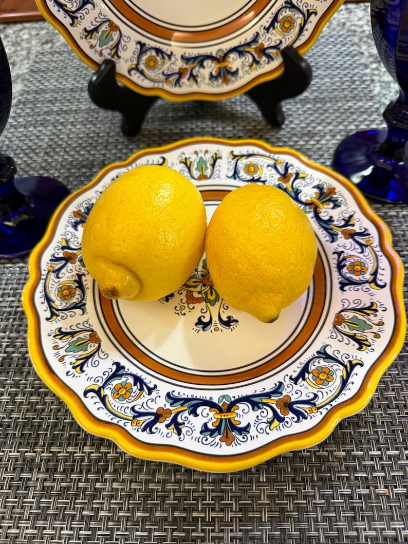 Sur La Table Italiaanse handgeschilderde saladeborden set van 2 8,5" geschulpte majolicastijl geelblauwe bloemen afbeelding 2