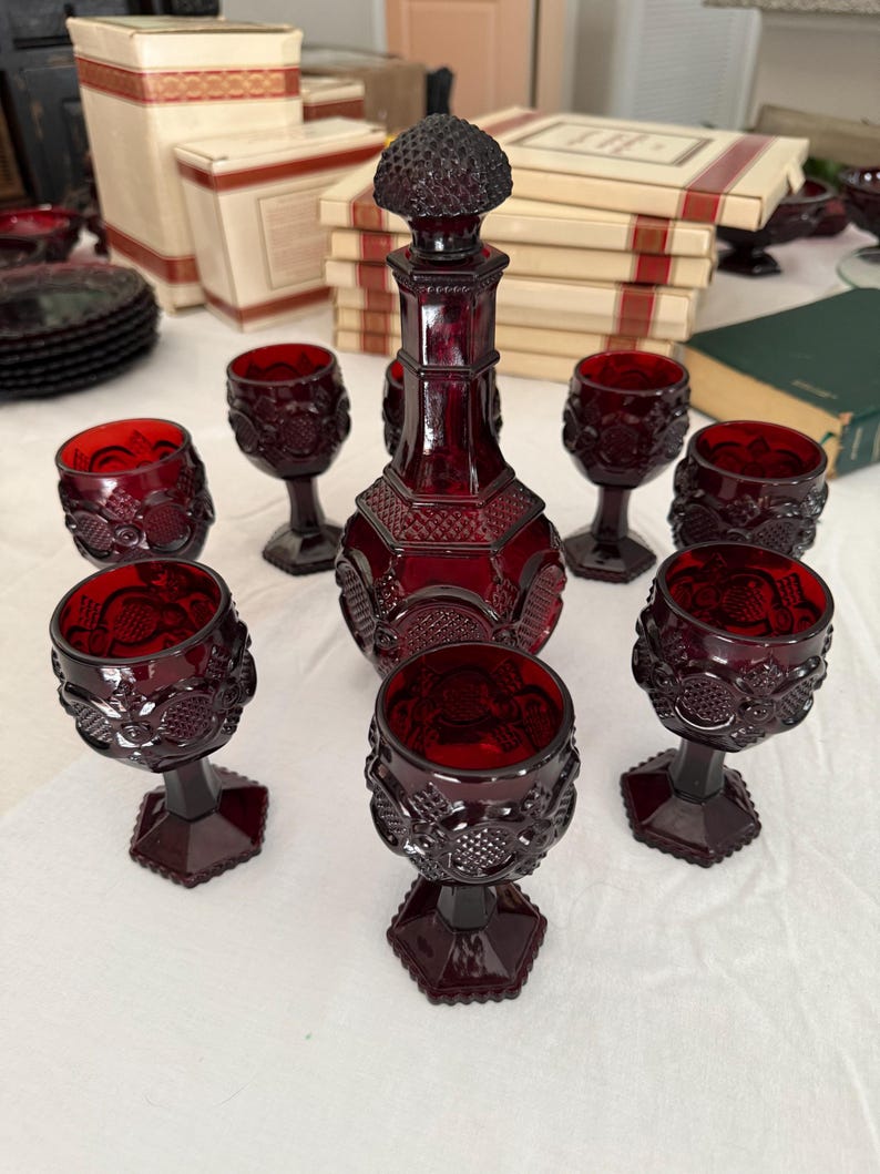 Vintage Avon Cape Cod Ruby Glass Decanter & 8 Wine Goblets | Red Pressed Glass Holiday Set; ready for celebrating the Holidays!