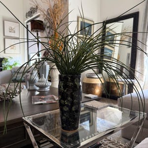 Könnte beinhalten: Eine hohe, dunkle Vase mit einem gesprenkelten Muster enthält lange, grüne, grasartige Pflanzen. Die Vase steht auf einem Couchtisch mit Glasplatte und silbernem Metallrahmen. Der Raum hat neutrale Töne und dekorative Elemente.