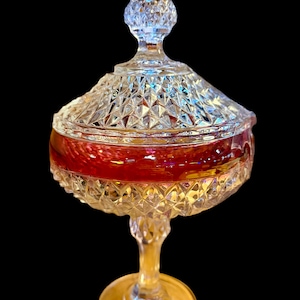 Vintage Indiana Glass Diamond Point Ruby Flash Covered Pedestal Candy Dish Compote MCM