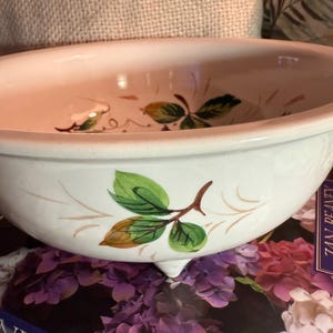 Puede incluir: Cuenco de cerámica blanca con un diseño botánico pintado a mano. El cuenco tiene una base de tres patas y está decorado con hojas verdes y tallos marrones. El cuenco tiene una forma ligeramente ovalada y probablemente se utiliza para servir.