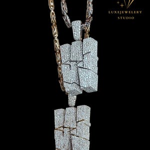 Custom Iced Out &quot;W&quot; Letter Pendant | 3D Broken Block Style | Fully Flooded Diamond Look Necklace Charm | Hip Hop Jewelry Bling