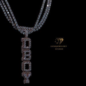 Custom Iced Out &quot;DBOY&quot; Name Pendant Necklace – Hip Hop Bling Jewelry with Moissanite Stones – Personalized Statement Chain for Men
