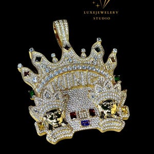 Custom King Crown Pendant | Iced Out Multicolor Hip Hop Jewelry | VVS Moissanite Bling Necklace | Men’s Statement Rap Chain  Hip hop Pendant