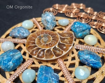 Kristallen raster | Koperen spiralen, ammonietfossiel, doe-het-zelfkit basis heilige geometrie