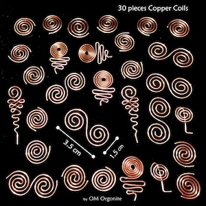 May include: A collection of thirty copper coils in diverse spiral patterns, set against a black backdrop. The coils, in a warm copper hue, vary in size and form. The image includes text: "30 pieces Copper Coils" and measurements of 3.5 cm and 1.5 cm.