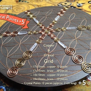 Può includere: Una griglia in rame e cristallo con un design geometrico. La griglia presenta accenti a spirale in rame e ottone, punte di cristallo trasparente e il testo "Crystal Points +5". La griglia è su una superficie grigia circolare.