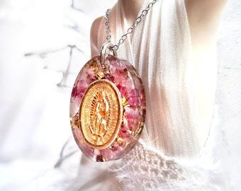 Virgin Mary Necklace with Rainbow Tourmaline Crystal Jewelries