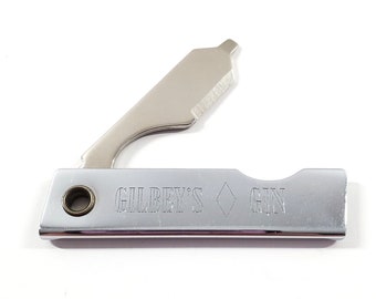 Vintage Chrome Gilbey's Gin Advertising Multi-Use Folding Pocket Knife Liter USA