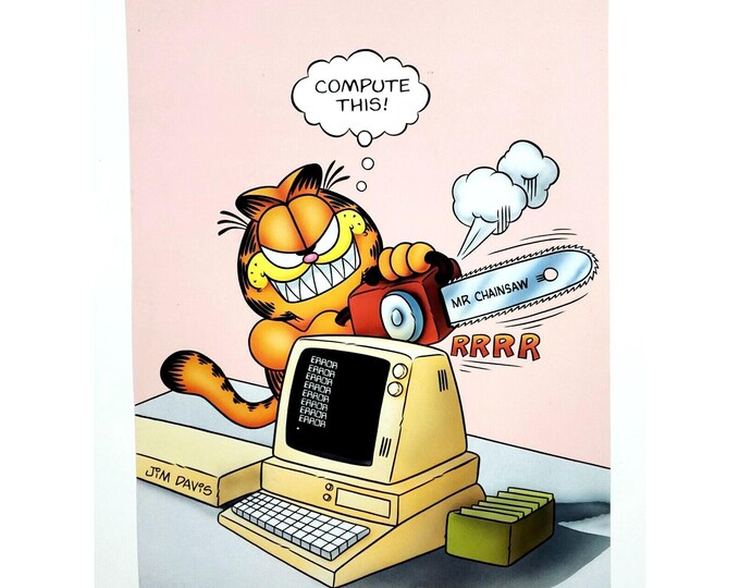 Vintage 1978 Garfield Cat Wall Poster Computer This Computer Chainsaw ...