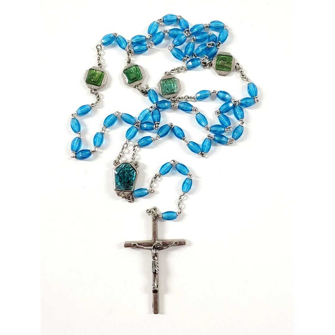 Vintage Eau De Lourdes Water Relic Blue Bead Rosary Catholic Made in ...