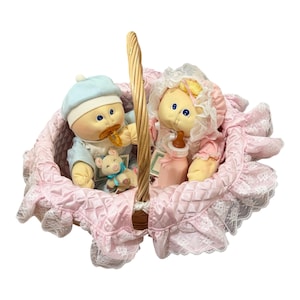 Vintage Cabbage Patch Kids Soft Sculpture Twins in Basket with Accessories (1985)
