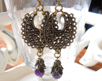 gypsy chandelier earrings purple bohemian earrings gypsy earrings dangle stone earrings bronze filigree bohemian earrings boho earrings