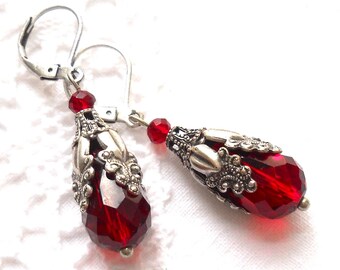 Art Nouveau Filigree Red Crystal Earrings, Vintage Style