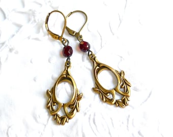 delicate red victorian earrings red dangle earrings red vintage style earrings  chandelier earrings