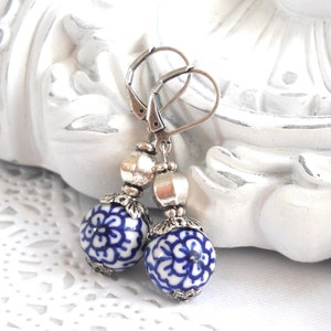 delft blue style dangle earrings blue earrings delft blue earrings  delft blue jewelry blue floral earrings