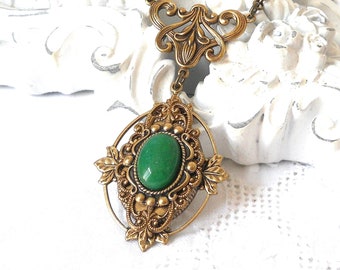 ornate victorian filigree necklace green pendant necklace  filigree pendant jewelry