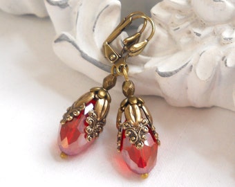 red victorian filigree earrings red earrings brass earrings drop earrings victorian style earrings