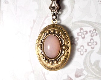 oval brass medallion, photo locket necklace, vintage style rose quartz