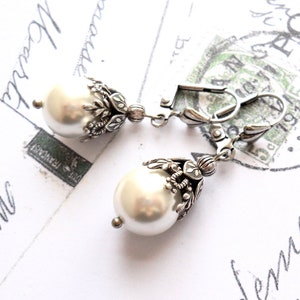 white pearl victorian dangle earrings white earrings filigree earrings vintage style earrings