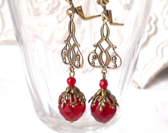 long dark red victorian filigree earrings red earrings victorian style