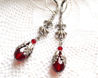 long dark red victorian earrings red teardrop dangle earrings red vintage style earrings fleur de lis  earrings