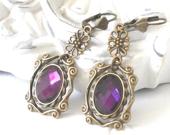 purple art nouveau style earrings, bronze dangle earrings