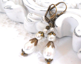 romantic white pearl earrings victorian bridal earrings victorian earrings white pearl dangle earrings