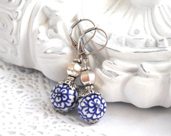 delft blue style dangle earrings blue earrings delft blue earrings  delft blue jewelry blue floral earrings