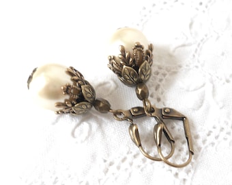 white pearl victorian dangle earrings white earrings brass filigree earrings vintage style earrings