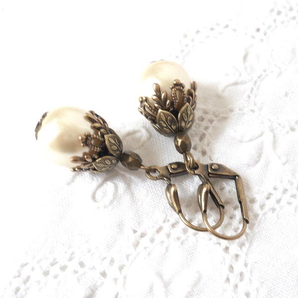 white pearl victorian dangle earrings white earrings brass filigree earrings vintage style earrings white earrings