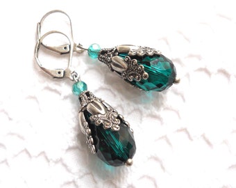 emerald green victorian filigree earrings green drop earrings victorian style earrings