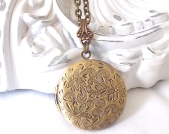 round photo locket necklace, brass keepsake jewelry