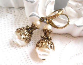 creamy white baroque pearl victorian dangle earrings off white earrings brass filigree earrings