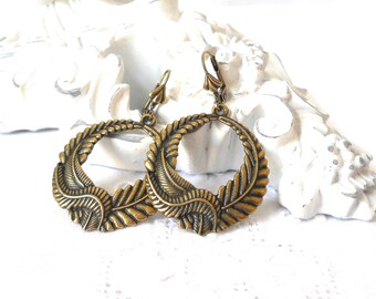 oxidized brass bohemian feather earrings boho hoop earrings bohemian earrings feathers