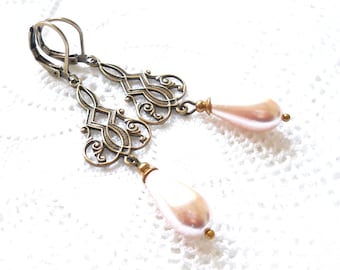 pink pearl bridal earrings pale pink earrings Victorian brass filigree earrings
