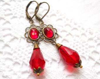 bright red dangle earrings red teardrop earrings victorian jewelry