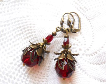 dark red victorian flower earrings, vintage style earrings, gift for girlfriend