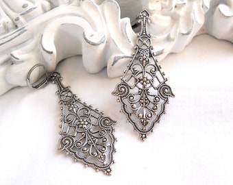 victorian silver filigree pendant earrings, vintage style jewelry