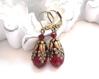 dark red victorian filigree earrings red earrings brass earrings drop earrings victorian style earrings