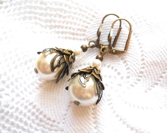 white pearl victorian flower earrings pearl bridal earrings filigree earrings