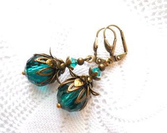 teal victorian flower earrings teal filigree earrings vintage style earrings
