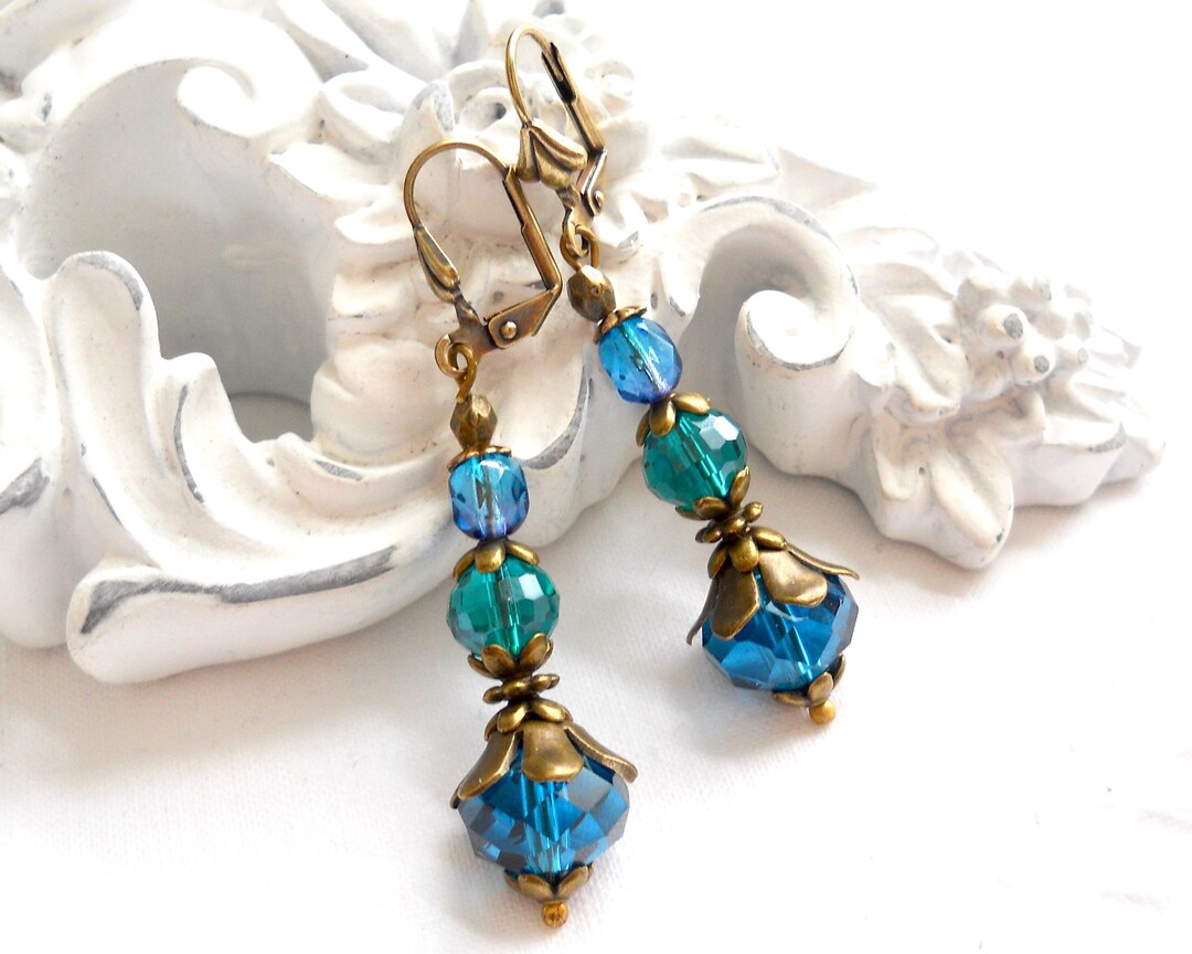 Teal Victorian Earrings Teal and Green Earrings Victorian Style Beaded ...