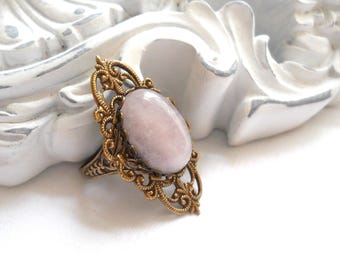 victorian filigree rose quartz ring, brass gemstone jewelry, gift