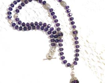long purple faceted crystal necklace, purple beaded jewelry, flapper style